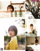 A collage of photos of a woman in a yellow sweater.